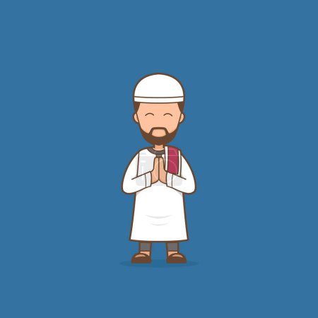 Illustration for Religious Muslim man cartoon character illustration in sorry and apology pose for Ramadan eid mubarak greeting - Royalty Free Image
