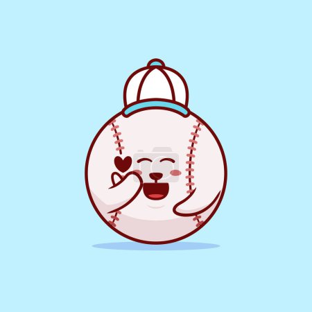 Illustration for A charming vector illustration of a cute baseball ball mascot making the popular Korean finger heart gesture. The design features a joyful character with a big smile and sparkling eyes, perfect for sports-themed designs and Asian cultural themes. - Royalty Free Image
