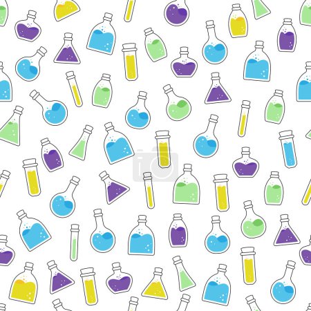 Ilustración de Una colección de botellas de poción de laboratorio y vasos de precipitados dispuestos en un fondo de patrón perfecto para diseños relacionados con experimentos científicos, química, investigación o materiales educativos.. - Imagen libre de derechos