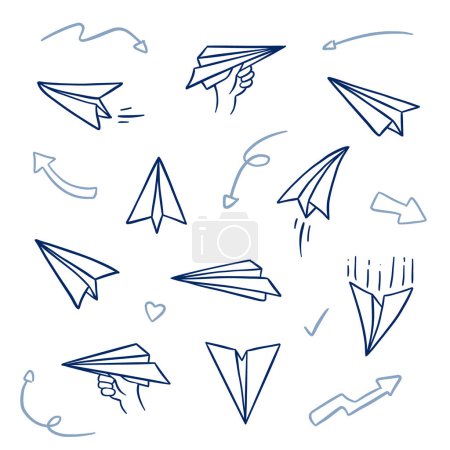 Paper plane doodle drawing set, paper airplane outline hand drawn drawing