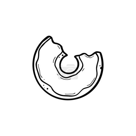 donut mordu avec de la confiture glacée surplombant vue du dessus dessin à la main ligne de doodle illustration vecteur ligne noire sur fond isolé blanc