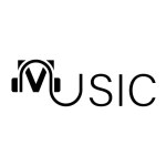 Music text and headphones typography logo design.