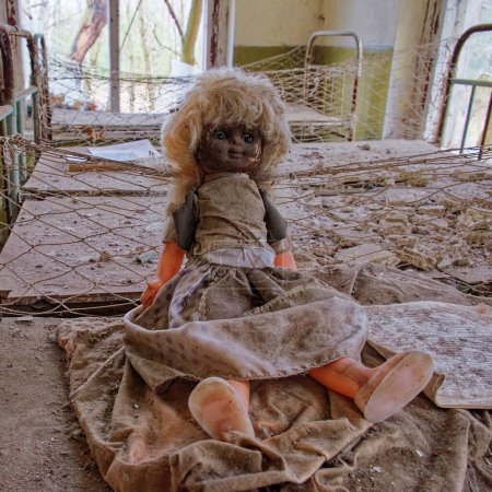 Téléchargez les photos : Une poupée aux cheveux blonds est assise sur des décombres dans une pièce abandonnée. Une vieille poupée avec un visage sale sur un lit dans une maternelle abandonnée. Chambre contaminée par les rayonnements à Tchernobyl. - en image libre de droit