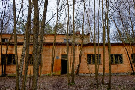 Photo for An orange building is nestled among leafless woods. - Royalty Free Image
