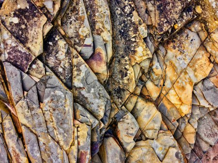 Photo for A close-up of jagged, multicolored rocks with distinct lines and patterns, showing signs of weathering. - Royalty Free Image