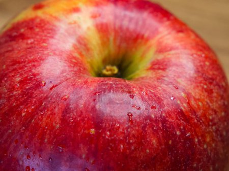 Téléchargez les photos : Pomme rouge humide. Une surface humide de pommes, indiquant un lavage récent - en image libre de droit