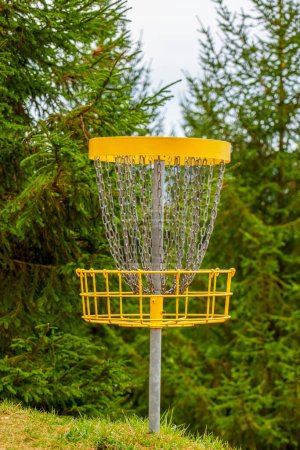 Téléchargez les photos : Panier à disques de golf dans un parc naturel avec des conifères sapins à feuilles persistantes - en image libre de droit