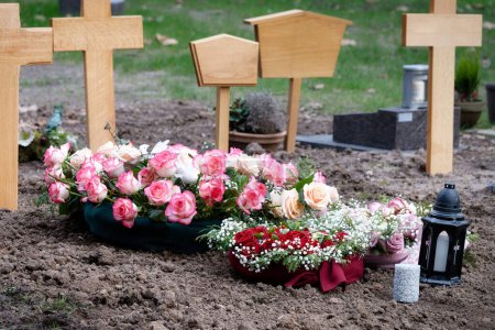 unmarked wooden crosses and memorial plaques with floral decorations on the earth of a grave