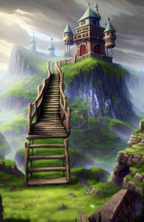 Photo for Old castle on the hill with wooden stairs. Digital painting illustration. - Royalty Free Image