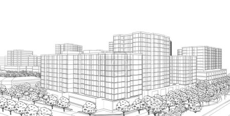 Foto de Líneas abstractas de dibujo en concepto de arte arquitectónico, el diseño arquitectónico del distrito con edificios de gran altura - Imagen libre de derechos