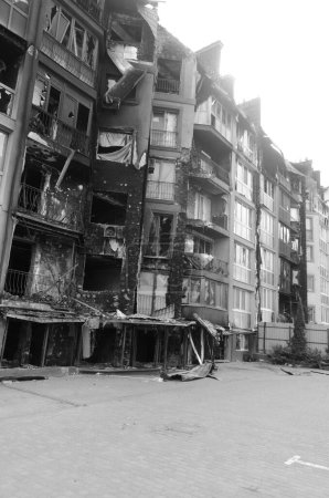 Photo for War in Ukraine. Destruction in the Kyiv region after the Russian army attack. Consequences of Russian invasion in Ukraine. Kyiv region, Ukraine, June 2022 Black and white photo - Royalty Free Image