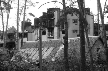 Photo for War in Ukraine. Destruction in the Kyiv region after the Russian army attack. Consequences of Russian invasion in Ukraine. Kyiv region, Ukraine, June 2022 Black and white photo - Royalty Free Image
