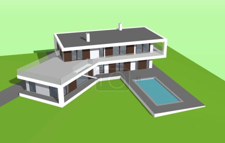 Téléchargez les photos : Maison moderne avec piscine illustration 3 d rendu - en image libre de droit