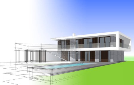 Foto de Casa moderna con ilustración de piscina 3 d rendering - Imagen libre de derechos