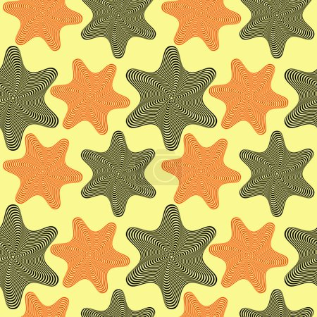 Illustration for Vector seamless pattern - optical illusion background. Black and orange stars with optical illusion effect on a light yellow background. - Royalty Free Image