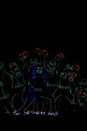 Silhouettes of people in luminous suits on a black background. Neon costume. Entertainment.