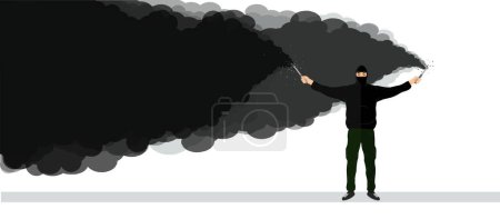 Illustration for Illustration of a young guy with smoke bombs in his hands. Football fan. Ultras. Revolution. Riot. Protest. - Royalty Free Image