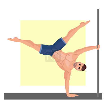 Illustration for Illustration of a young guy dancing on a pole. Pole dance. Strip of plastic. A muscular guy dances on a pole. Beautiful man. Dancing. - Royalty Free Image