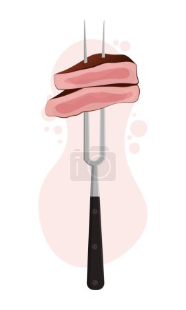 Illustration eines Steaks auf einer Gabel. Saftiges Stück Fleisch auf einer Gabel. Gebratenes Fleischsteak. Grillfleisch.