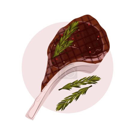 Grilled steak illustration. Tomahawk steak on a light background. Serving the dish. B-B-Q.