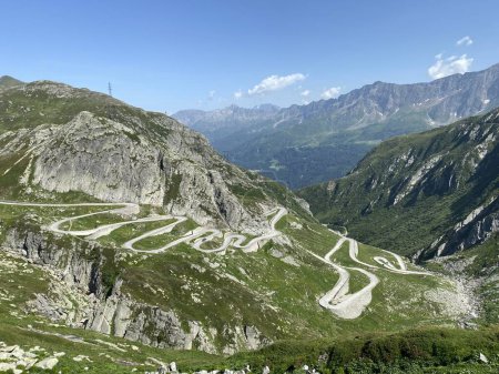 Photo for Mountain road crossing St. Gotthard Pass (Gotthardpass or Passo del Sao Gottardo) in the Swiss Alps, Airolo - Canton of Ticino (Tessin), Switzerland (Schweiz) - Royalty Free Image