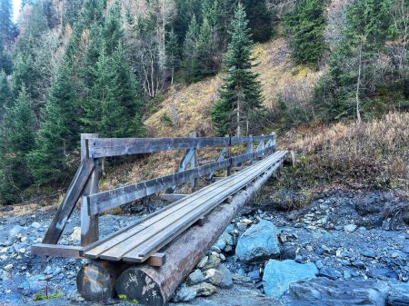 Foto de Puentes de madera o pasos peatonales sobre arroyos alpinos salvajes en el valle del Calfeisental y en la Arena Tectónica del Patrimonio Mundial de la UNESCO Sardona (UNESCO-Welterbe Tektonikarena Sardona) - Suiza / Schweiz - Imagen libre de derechos
