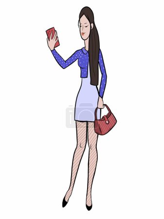 Téléchargez les photos : Girl model with a phone in her hand makes a photo, selfie, color fashion illustration - en image libre de droit