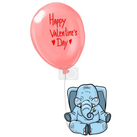 Téléchargez les photos : Cartoon elephant holding a balloon with congratulations, the plot for Valentine's Day, color digital illustration - en image libre de droit