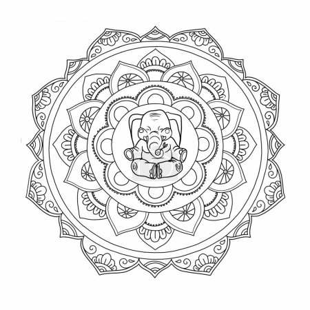 Téléchargez les photos : Mandala, éléphant au centre du mandala, idées de design pour les murs dans une salle de yoga, illustration en noir et blanc, adapté à la coloration - en image libre de droit