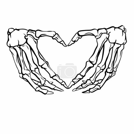 Téléchargez les photos : Geste de la main, les mains squelettes pliées dans un cœur, geste du cœur, dessin de ligne noir et blanc, pour la conception de t-shirt - en image libre de droit