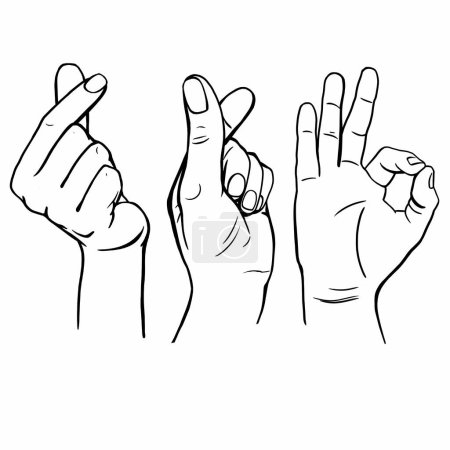 Téléchargez les photos : Hand gestures, drawing set, black and white illustration - en image libre de droit