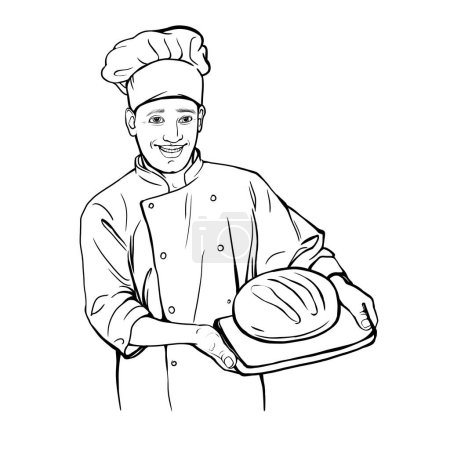 Photo for A young man in a baker's uniform holds freshly baked bread in his hands, an advertisement for a bakery or coffee shop, a simple drawing - Royalty Free Image