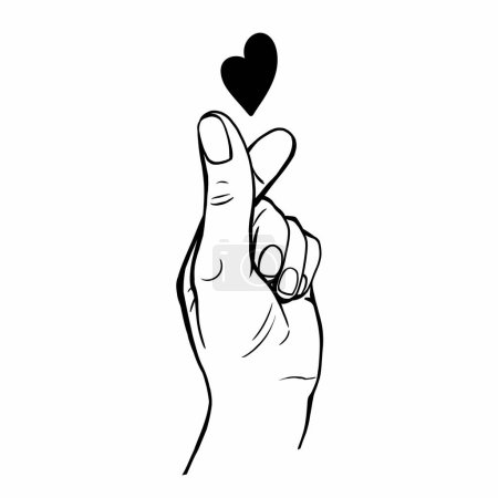 Téléchargez les photos : International hand gesture love, heart. Illustration noir et blanc, dessin linéaire, imprimé t-shirt - en image libre de droit