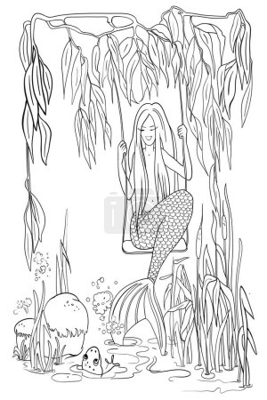 Téléchargez les photos : Une sirène sur les branches d'un saule monte sur une balançoire, une sirène de conte de fées sur le rivage d'un étang, un lac de conte de fées, illustration, pour colorier - en image libre de droit