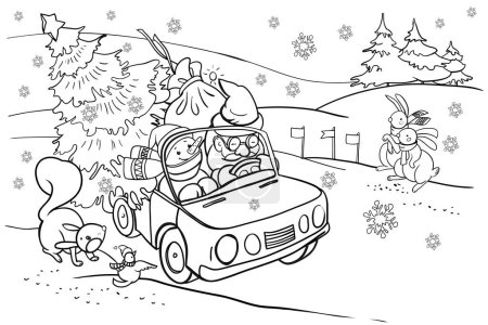 Weihnachtsmann beim Autofahren, Malbuch für Kinder, Winterferien, Weihnachtsferien, Illustration zum AusmalenVon Kateryna