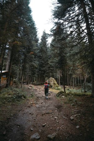 Foto de Una mujer con una mochila, un excursionista, camina por un camino pedregoso en medio de un denso bosque. concepto de viaje. Camino a la cascada de Shdugra. Montaña del Cáucaso Georgia, Región de Svaneti. Foto vertical - Imagen libre de derechos