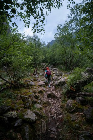 Foto de Una mujer con una mochila, un excursionista, camina por un camino pedregoso en medio de un denso bosque. concepto de viaje. Camino a la cascada de Shdugra. Montaña del Cáucaso Georgia, Región de Svaneti. Foto vertical - Imagen libre de derechos