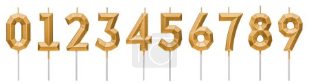 Set of gold birthday candles numbers isolated on white background. Stylish luxury polygonal golden candles digits for cake for birthday, anniversary, wedding anniversary. Happy birthday. Party cake