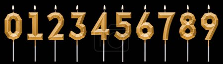 Set von goldenen Geburtstagskerzen Zahlen mit Flammen. Vereinzelt auf Black Key Hintergrund. Stylischer Luxus polygonale goldene Kerzen Ziffern für Kuchen für Geburtstag, Jubiläum, Hochzeitstag