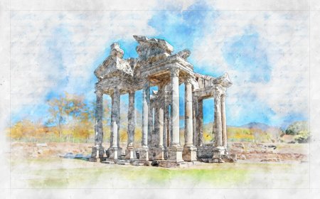 Photo for Ancient city of Aphrodisias, watercolor sketch work - Royalty Free Image