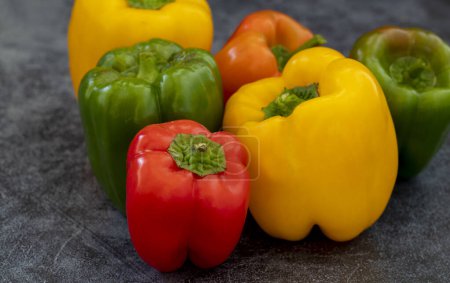 Foto de Yellow , red , green colored bell peppers on gray background . - Imagen libre de derechos