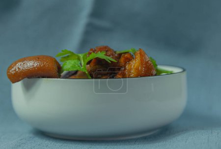 Téléchargez les photos : Le cliché montre un plat traditionnel chinois fait maison, du porc braisé. Le bol en porcelaine blanche est au centre de l'image et contient du porc braisé surmonté de feuilles de coriandre vert tendre. Préparation individuelle d'un plat maison. - en image libre de droit