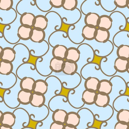 Téléchargez les illustrations : Endless Blossom retro stylish and modern pattern featuring a blossoming yukata kimono motif in soft pastel blues and yellow. Perfect for gift wrapping, interior design, and textile projects - en licence libre de droit