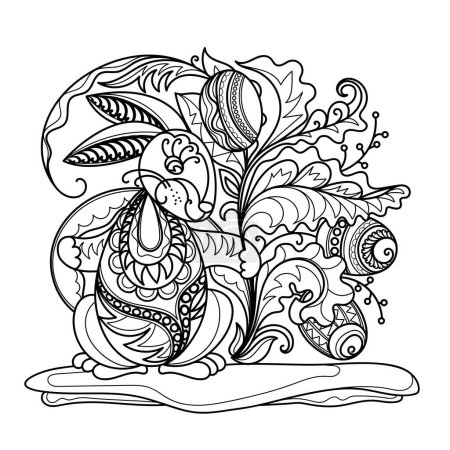 Illustration coloring page modern hand-drawn cartoon character of rabbit with flowers leaves decorative patterns and ornaments, adding an ethnic flair for children and adults for antistress and relax
