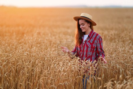 Photo for Portrait of cute young happy smiling woman farmer standing alone during walking through a yellow field of dry ripe wheat among golden spikelets at sunset - Royalty Free Image