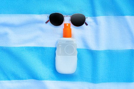 Photo for Top view of white empty bottle blank of Sunscreen lotion for text advertising - Royalty Free Image