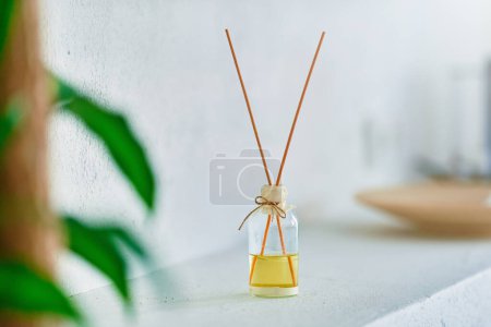 Téléchargez les photos : Pot en verre avec des bâtons d'arôme en bois à l'intérieur de la maison - en image libre de droit