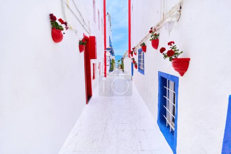 Foto de Casas con macetas rojas en paredes blancas en la calle Egeo en Bodrum, Turquía - Imagen libre de derechos