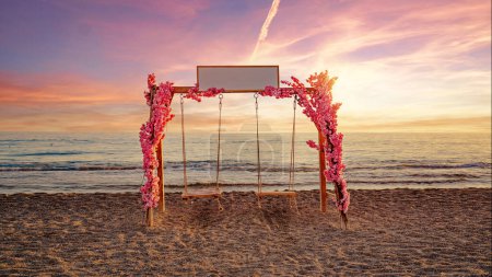 Foto de Paisaje romántico de columpio en la playa con idílica hermosa puesta de sol vista al mar - Imagen libre de derechos