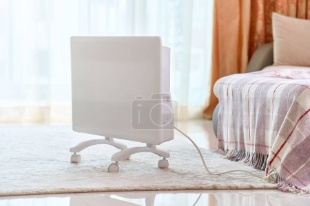 Foto de Moderno radiador eléctrico portátil blanco en la alfombra del suelo en la sala de estar - Imagen libre de derechos